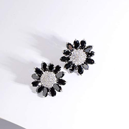 Crystal Flower Burst Stud Earirings - Big Sterling Silver CZ Cubic Zirconia Rhinestone Daisy Sunflower Floral Cluster Studs Bridal Wedding Party Prom Costume Jewelry for Bride Bridesmaids Women Birthstone Birthday Gift - color: Black