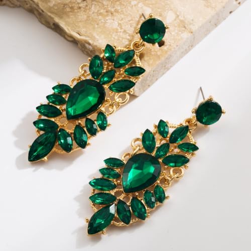 Rhinestone Drop Earrings for Women Chunky Gold Crystal Teardrop Earrings Statement Wedding Party Prom Bridal Jewelry - color: Green