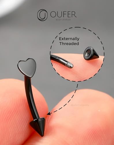 OUFER Rook Piercing Jewelry, G23 Solid Titanium Eyebrow Rings, Heart Vertical Labret Lip Jewelry, 16G Curved Barbells, Daith Rook Earrings for Women Men - color: Black Heart, size: 16G 8mm