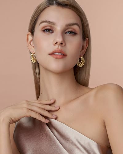 18K Gold Plated Chunky Curve Twisted Open Hoop Statement Stud Earrings with CZ for Women by SNGIA, Large Handmade Spiral Texture Braided Formal Trendy Hoop Jewelry Gifts, Big Circle Geometric Shell Beachy Vacation Fashion Hanging Earrings Accessories, Vin