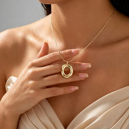 14K Gold/Silver Plated Dainty Snake Chain Layered Necklace for Women | Irregular Oval Pendant Minimalist Dainty Statement Gold Layering Everyday Jewelry - color: Gold - Warm