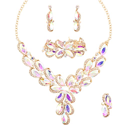 Jewelry Set for Women Rhinestone Austrian Crystal Statement Flower Necklace Link Bangle Bracelet Dangle Earrings Rings Allergy Free Wedding Party Jewelry Set for Bridal Bridesmaid - color: AB Crystal-Gold Plated