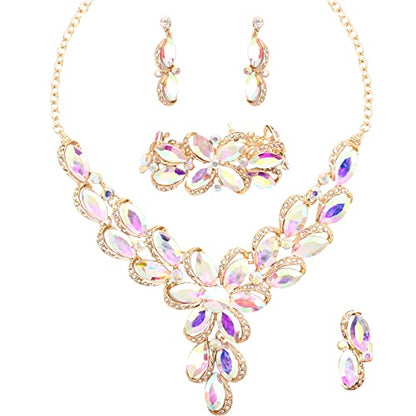 Jewelry Set for Women Rhinestone Austrian Crystal Statement Flower Necklace Link Bangle Bracelet Dangle Earrings Rings Allergy Free Wedding Party Jewelry Set for Bridal Bridesmaid - color: AB Crystal-Gold Plated
