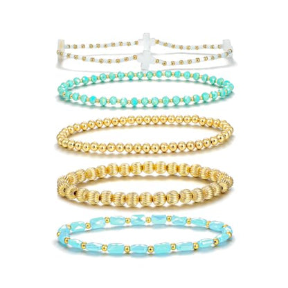 Dainty Gold Plated Pearl Crystal Beaded Bracelets Set for Women 14K Gold Plated Bead Pearl Beads Bracelet Stackable Paperclip Link Chain Bracelets Gold Plated Bracelets for Women Trendy Jewelry - color: Style4-gold bracelets set5