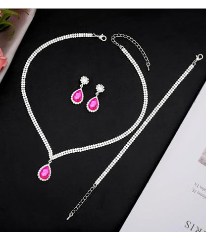 Elegant Silver Crystal Wedding Necklace Earrings Bracelet Jewelry Set for Women Brides Bridesmaids Prom Party Costume Accessory Bridal Jewelry - color: silver-hot pink