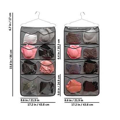 Dual Sided Hanging Closet Organizer Durable Socks Stocking Clothes Bra Accessories Storage Bag With 16 Large Pockets (Clear PVC Pockets)