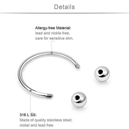 SCERRING 10PCS 20G Stainless Steel Horseshoe Septum Ring Nose Rings Hoop Helix Daith Cartilage Tragus Earrings Eyebrow Body Piercing Jewelry 6-14mm - color: Silver