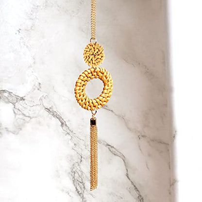 COLORFUL BLING Handmade Braided Rattan Straw Wicker Y-Shaped Long Chain Tassel Necklace Wooden Beads Statement Lanyards Pendant Necklace Women Jewelry (double1)