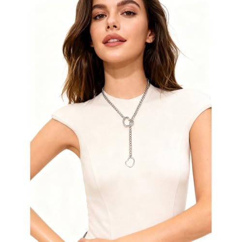 Artmiss Heart Slip Chain Necklace Cuban Long Chain Affection Link Necklace Submissive Collar Chokers for Women - color: Silver
