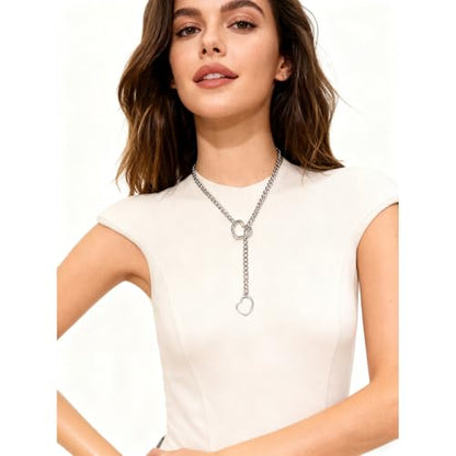 Artmiss Heart Slip Chain Necklace Cuban Long Chain Affection Link Necklace Submissive Collar Chokers for Women - color: Silver