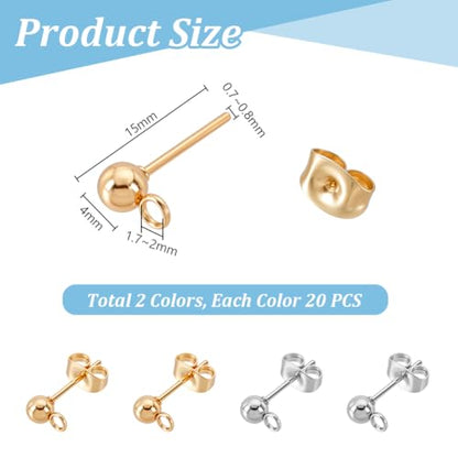 PH PandaHall 20 Pairs 304 Stainless Steel Earring Posts, Studs Flat Back Earrings Ear Pin Ball Post with Loop Butterfly Earring Backs for DIY Jewelry Making