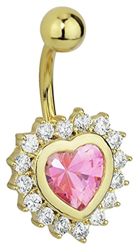 Forbidden Body Jewelry 14k Gold Plated Surgical Steel Fancy CZ Crystal Framed Pink Heart Belly Button Ring