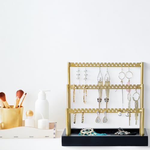 SANY DAYO HOME 3-Tier Earring Holder Organizer Stand, 105 Holes Gold Metal Earring Rack Jewelry Display Tree with Black Wood Tray for Women and Girls - color: Gold Rack Black Base