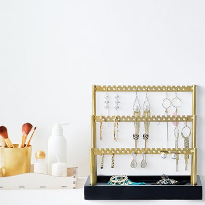 SANY DAYO HOME 3-Tier Earring Holder Organizer Stand, 105 Holes Gold Metal Earring Rack Jewelry Display Tree with Black Wood Tray for Women and Girls - color: Gold Rack Black Base