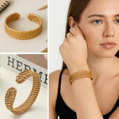 6 Pcs Handmade Raffia Rattan Earrings And Bracelets Boho Round Drop Dangles Cute Fun Jewelery Set Bold Bohemian Statement Jewelry for Women
