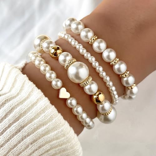 Pearl Bracelets for Women Simulated Pearl Beaded Bracelet White Pearls Stackable Stretch Bracelet Set Multilayered Elastic Pearls Bracelets for Women Bridesmaid Bridal Jewelry - color: Gold