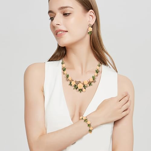 EVER FAITH Costume Jewelry Crystal Simulated Pearl Rose Flower Leaf Prom Party Statement Necklace Earrings Bracelet Set for Women - color: Topaz Color Gold-Tone