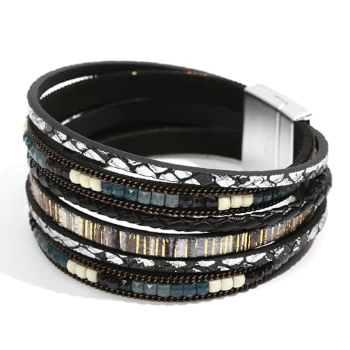 Fesciory Leather Wrap Bracelets for Women, Boho Western Layered Jewelry | Layered leather cuff bracelets, Easy on and off, Boho western style, Daily wear, Gift for women - color: Black 1