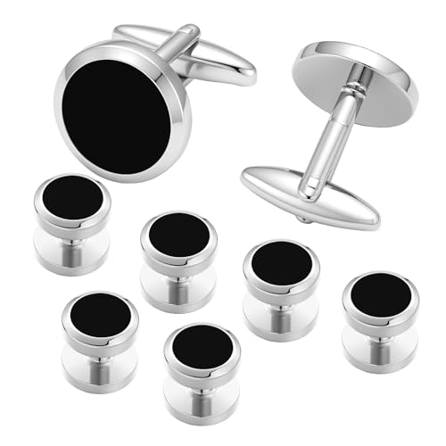 Mens Cufflinks and Tuxedo Shirt Studs Set with Gift Box - color: Silver/Black-01