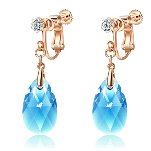 EVEVIC Austrian Crystal Teardrop Clip On Drop Earrings for Women | Adjustable Screw-Back Fit, 14K Rose Gold-Plated, Soft Silicone Pads Included, Comfortable For Pierced Or Non-Pierced Ears - color: Aquamarine