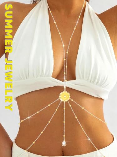 Gold Body Chain for Women Layered Rhinestone Waist Chains Summer Beaded Bra Body Jewelry Gifts - color: White