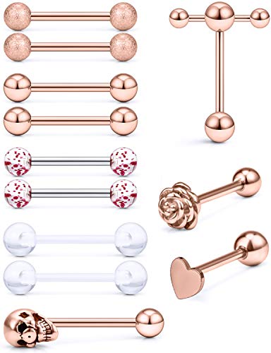 Prjndjw Jewelry, 5/8in(16mm) L, 14G Tongue Piercing Barbells Multicolor Surgical Stainless Steel Long Nipple Piercing Barbells Body Jewelry for Women - color: Rose Gold