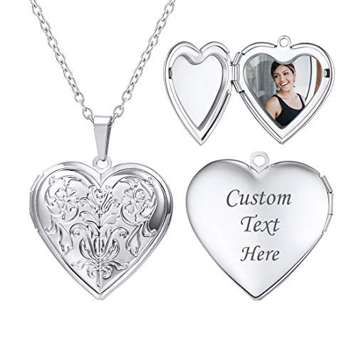 U7 Women Locket Necklace, Heart Photo Lockets Hold Picture, Gift Box Packed | Gold/Silver/Rose Locket Charm, Custom Picture and Engravement Heart Pendant, 20" Chain, Personalized Gift for Mom Wife Friend - color: 02# Platinum*Flower Grain