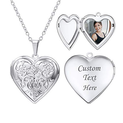 U7 Women Locket Necklace, Heart Photo Lockets Hold Picture, Gift Box Packed | Gold/Silver/Rose Locket Charm, Custom Picture and Engravement Heart Pendant, 20" Chain, Personalized Gift for Mom Wife Friend - color: 02# Platinum*Flower Grain