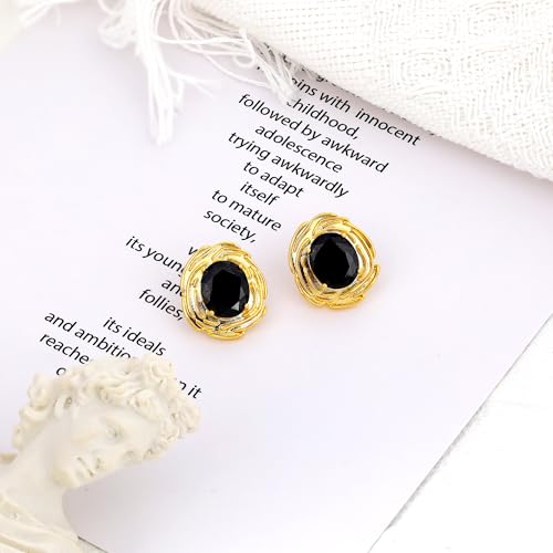 Chunky Gold Geometric Stud Earrings Trendy Vintage 14K Gold Plated Black Cubic Zirconia Statement Cocktail Earrings Dupes Jewelry for Women - style: Black Stone A