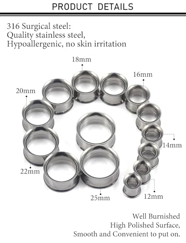 12G-25mm Double Flared Gauges Tunnels Stretching Kit 316L Surgical Steel Ear Gauges Plugs Earring Lobe flesh Tunnel Gauge Stretcher Silver Black Gold Color Tone - color: Silver, size: 12mm14mm/16mm/18mm/20mm/22mm/25mm