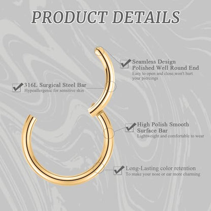 GAGABODY 2 Pcs Nose Rings 22G 20G 18G 16G 14G 12G 10G 8G Surgical Steel Piercing Rings for Nose Septum Cartilage Helix Tragus Conch Rook Daith Lobe from 5mm to 16mm Seamless Hoop Unisex Hinged Earrings - color: Gold