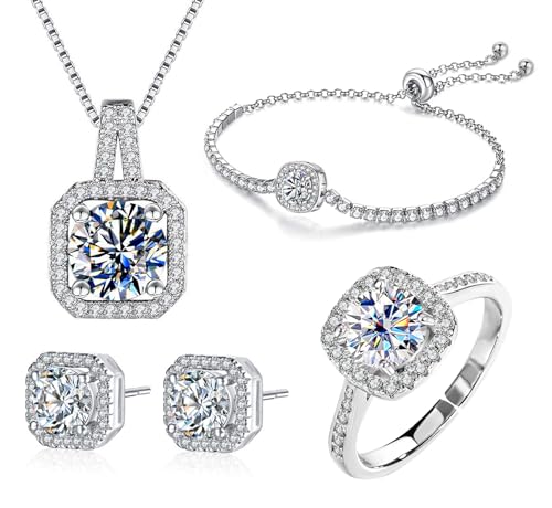 Women 4Pieces Cubic Zirconia Jewellery Set Rhinestone Necklace Earrings Bracelet Ring - color: Silver 2