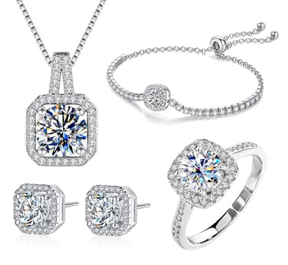 Women 4Pieces Cubic Zirconia Jewellery Set Rhinestone Necklace Earrings Bracelet Ring - color: Silver 2