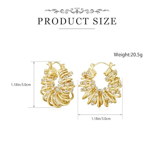 Statement Earrings for Women | Chunky Gold Hoops Rhinestone Thick Hoop Earrings 14K Gold Plated Hypoallergenic - color: Gold-White