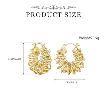 Statement Earrings for Women | Chunky Gold Hoops Rhinestone Thick Hoop Earrings 14K Gold Plated Hypoallergenic - color: Gold-White