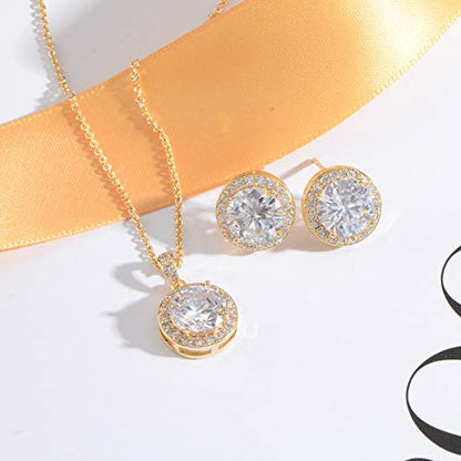 Bridal Crystal Jewelry Set - Sterling Silver Round Cubic Zirconia CZ Rhinestone Halo Birthstone Pendant Necklace Stud Earrings Set for Wedding Bride Bridesmaids Birthday Gift - color: Yellow Gold