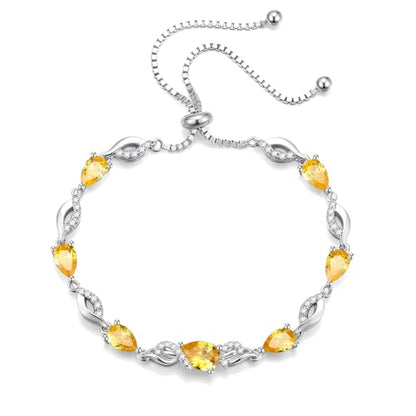 FANCIME Birthstone Teardrop Tennis Bracelet for Women, Sterling Silver 9x7mm main Gemstone Bolo Adjustable Chain Bracelet Fine Jewelry Birthday Gifts for Women Mom Wife Her - color: 11-Citrine