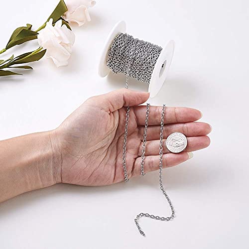 PandaHall 32.8 Feet Stainless Steel Cable Cross Chains with Spool 4x3x0.8mm Unwelded Oval Link Necklace Bracelet Pendant Jewelry Making Chains for DIY Crafts