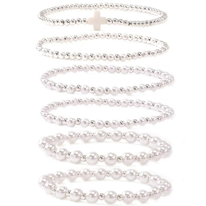 Silver Gold Beaded Bracelets for Women Stackable 14K Gold Plated Beads Ball Cross Bracelet Stack Non Tarnish Elastic Stretch Trendy Jewelry Christian Friendship Christmas Gifts for Women - color: 6pcs-Silver