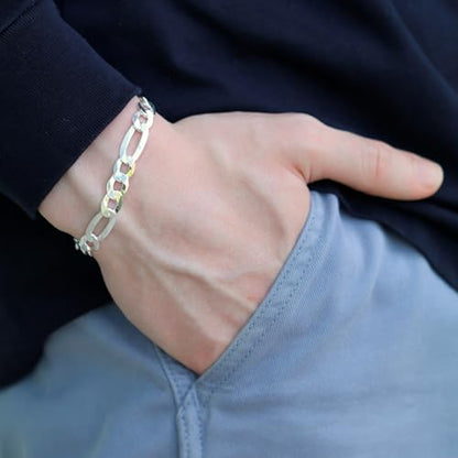 Aka Gioielli - Solid 925 Sterling Silver 9mm Diamond-Cut Figaro Link Chain - Bracelet for Men - Made in Italy