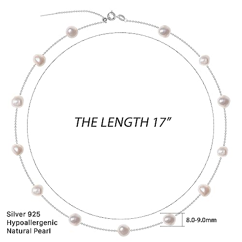 925 Sterling Silver Dainty Freshwater Cultured Pearl Choker Necklace White Genuine Real Pearl Charm Necklaces Jewelry Gifts for Her - color: Satellite Baroque 8-9mm-Silver