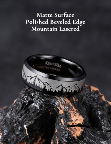 King Will Mens 6mm 8mm Tungsten Carbide Wedding Bands Inlay Lasered Brushed Wedding Rings for Men Women | Brushed, Lasered Seagull/Forest Landscap/Panda/Deer/Hunting/Fly Fishing, Comfort Fit, Everyday Wear - color: tree mountain