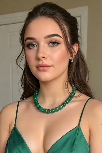 Chunky Beaded Necklace for Women, Colorful Boho Statement Necklace, Gold Chunky Resin Large Bead Necklace, Waterproof Summer Beach Jewelry Gifts for Women - color: Dark Green
