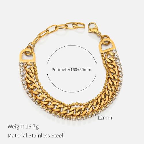 CTRLZTEAM 14K 18K Gold Plated Layered Bracelets for Women Stacked Bracelet | 14K 18K gold plated multi layer bracelets combine distinct chains with single clasp for instant pre-stacked style - style: Integrated Bold Triple-Layer