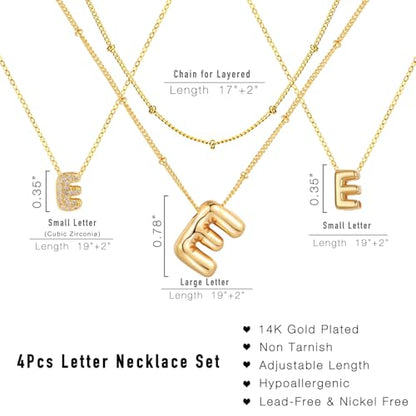 stino 4PCs Bubble Initial Letter Necklace Set, No Tarnish 14K Gold Plated Alphabet Pendant, Jewelry for Women - style: E