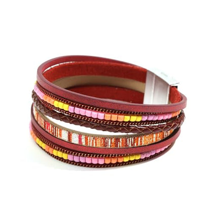 Leather Wrap Bracelets for Women, Boho Leopard Multi-Layer Crystal Beads Cuff Jewelry - color: J-Warp-032