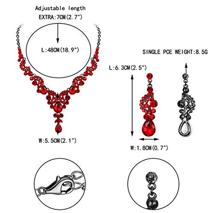 EVER FAITH Rhinestone Crystal Bridal Floral Wave Teardrop Necklace Earrings Set - color: 2pcs_Red Black-Tone
