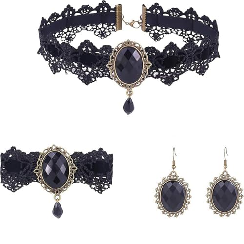 Gothic Lace Choker Necklace Earrings Bracelet Set for Women Black Lace Necklace Vintage Victorian Red Crystal Pendant Necklaces Vampire Jewelry Set Halloween Costume Party Cosplay Jewelry Accessories - color: Black