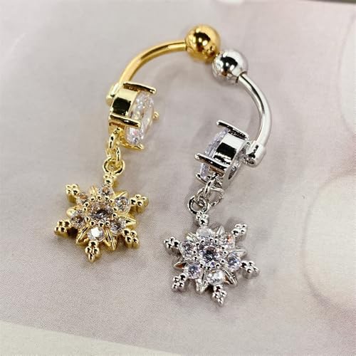 Crystal Snowflake Belly Button Rings for Women Stainless Steel Christmas Dangle Navel Ring Cubic Zirconia Floral Curved Barbell Body Piercing Jewelry - color: Gold