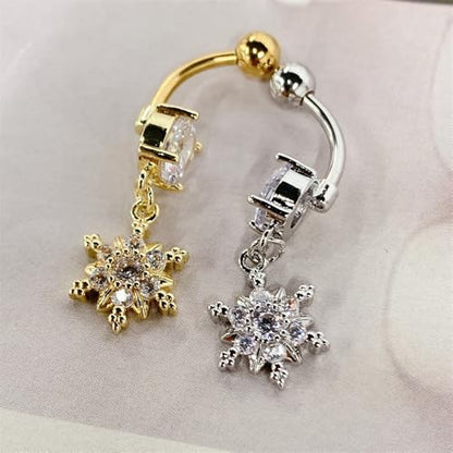 Crystal Snowflake Belly Button Rings for Women Stainless Steel Christmas Dangle Navel Ring Cubic Zirconia Floral Curved Barbell Body Piercing Jewelry - color: Gold